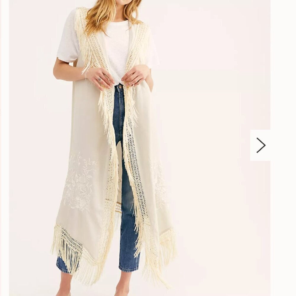 Free People Embroidered Floral Fringe Cardigan Duster Ivory Cream size Large‎
